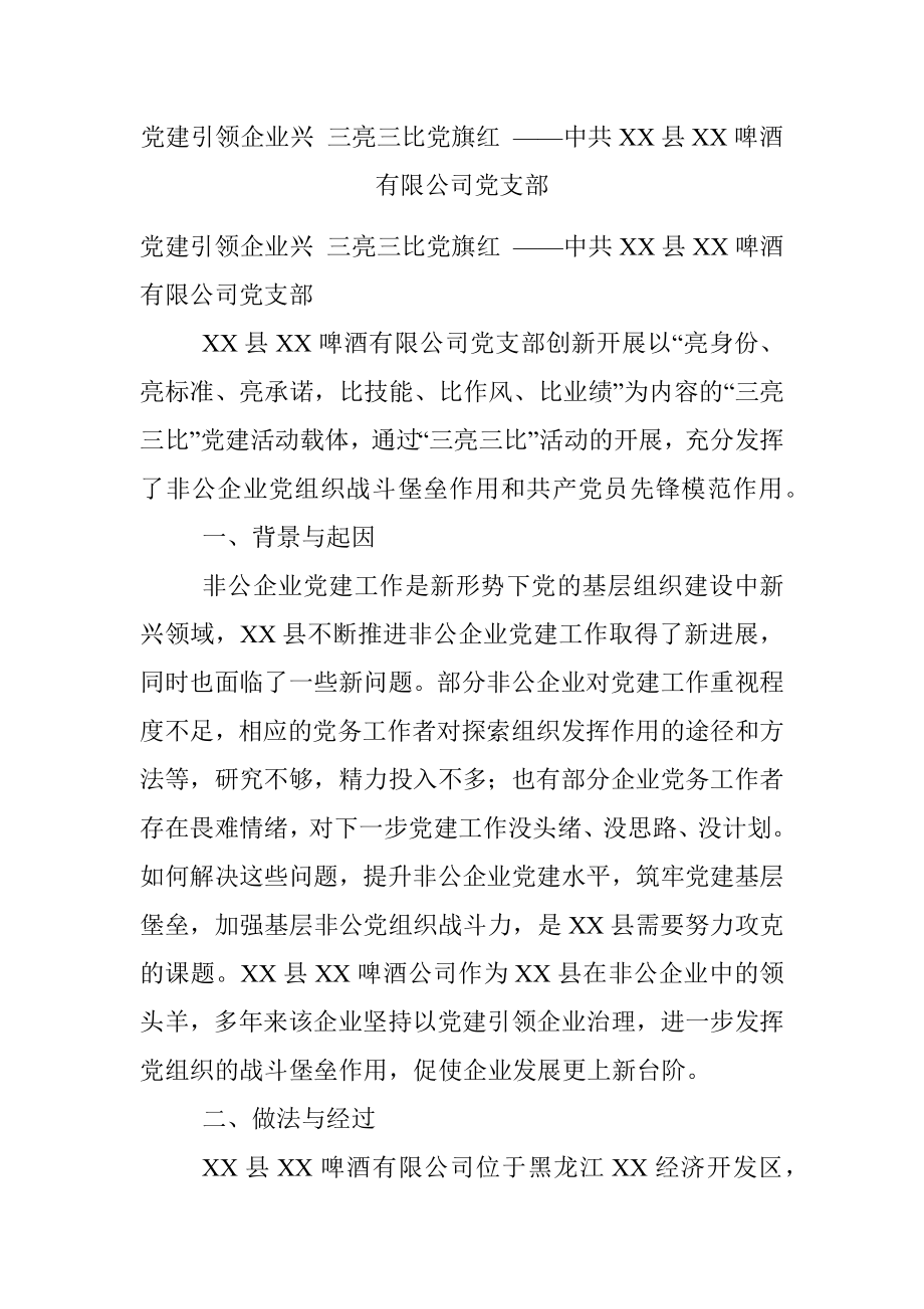 党建引领企业兴 三亮三比党旗红 ——中共XX县XX啤酒有限公司党支部.docx_第1页