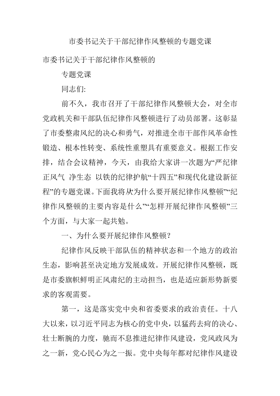 市委书记关于干部纪律作风整顿的专题党课.docx_第1页