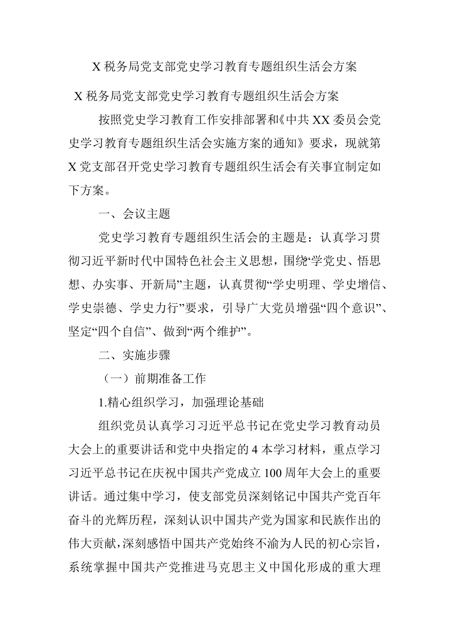 X税务局党支部党史学习教育专题组织生活会方案.docx_第1页