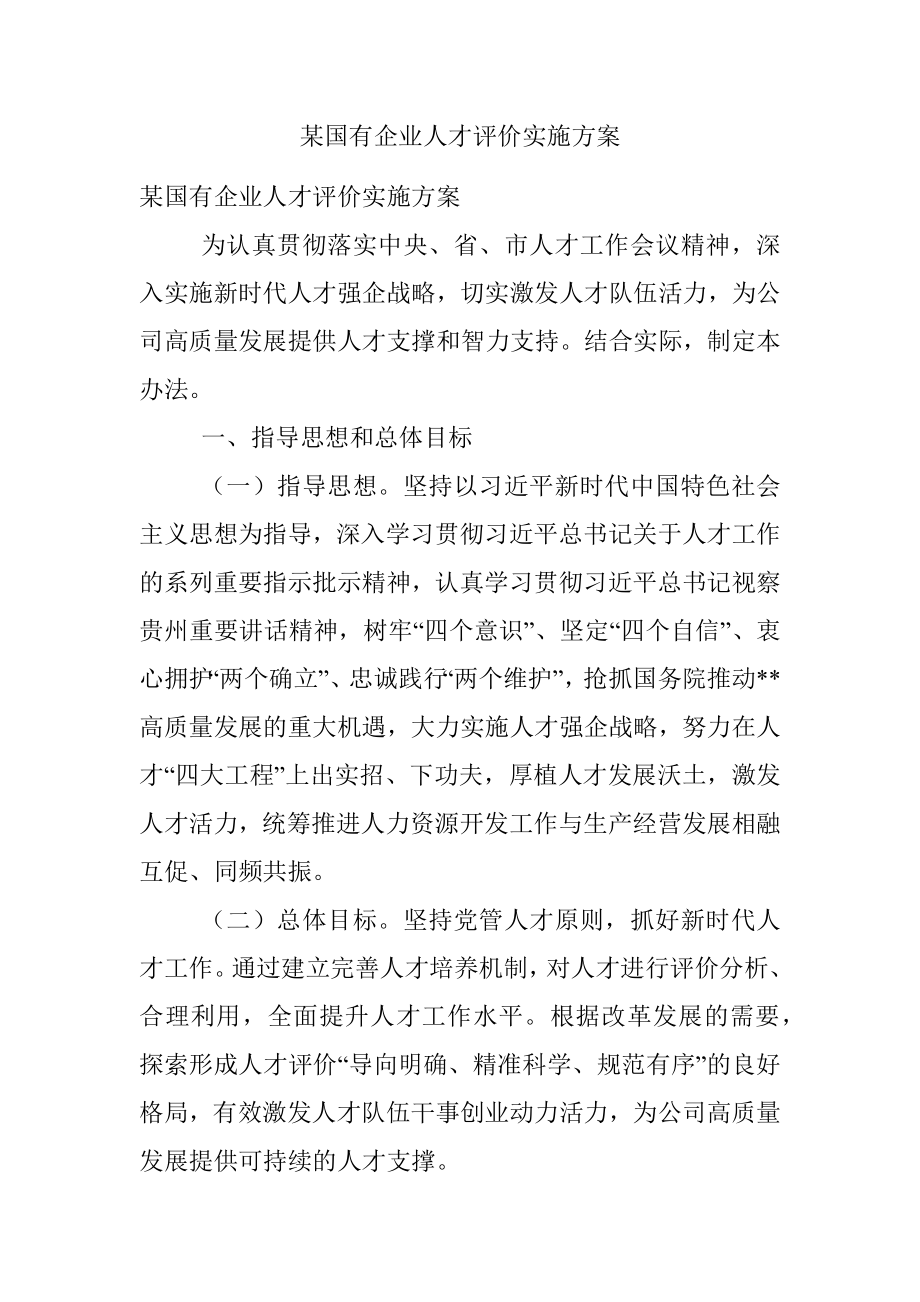 某国有企业人才评价实施方案.docx_第1页