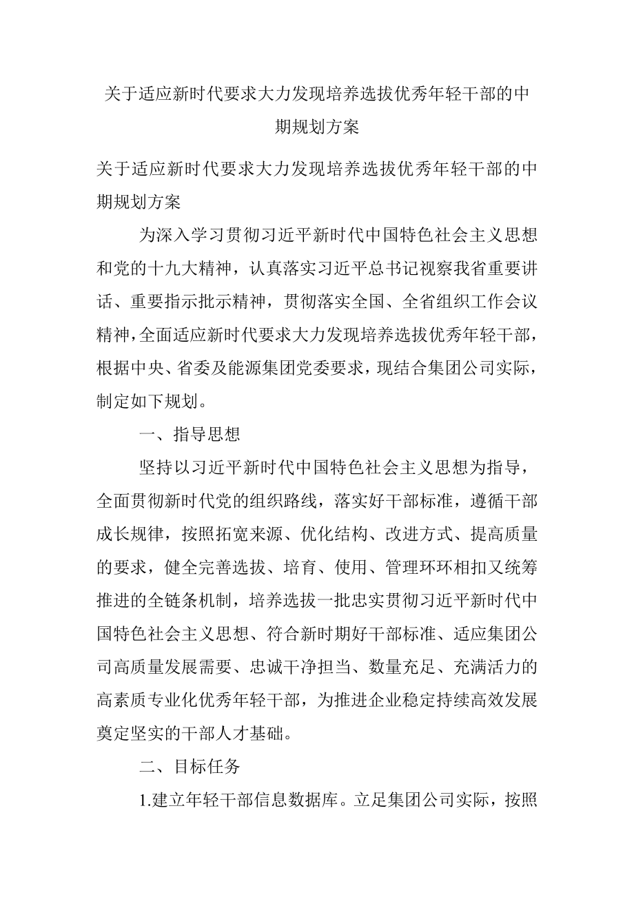 关于适应新时代要求大力发现培养选拔优秀年轻干部的中期规划方案.docx_第1页