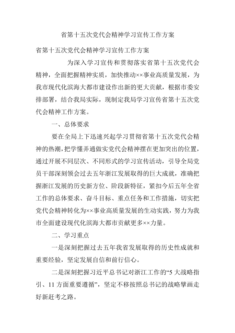 省第十五次党代会精神学习宣传工作方案.docx_第1页