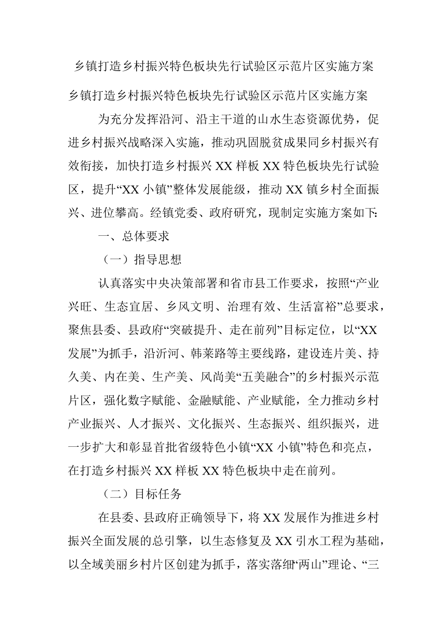 乡镇打造乡村振兴特色板块先行试验区示范片区实施方案.docx_第1页