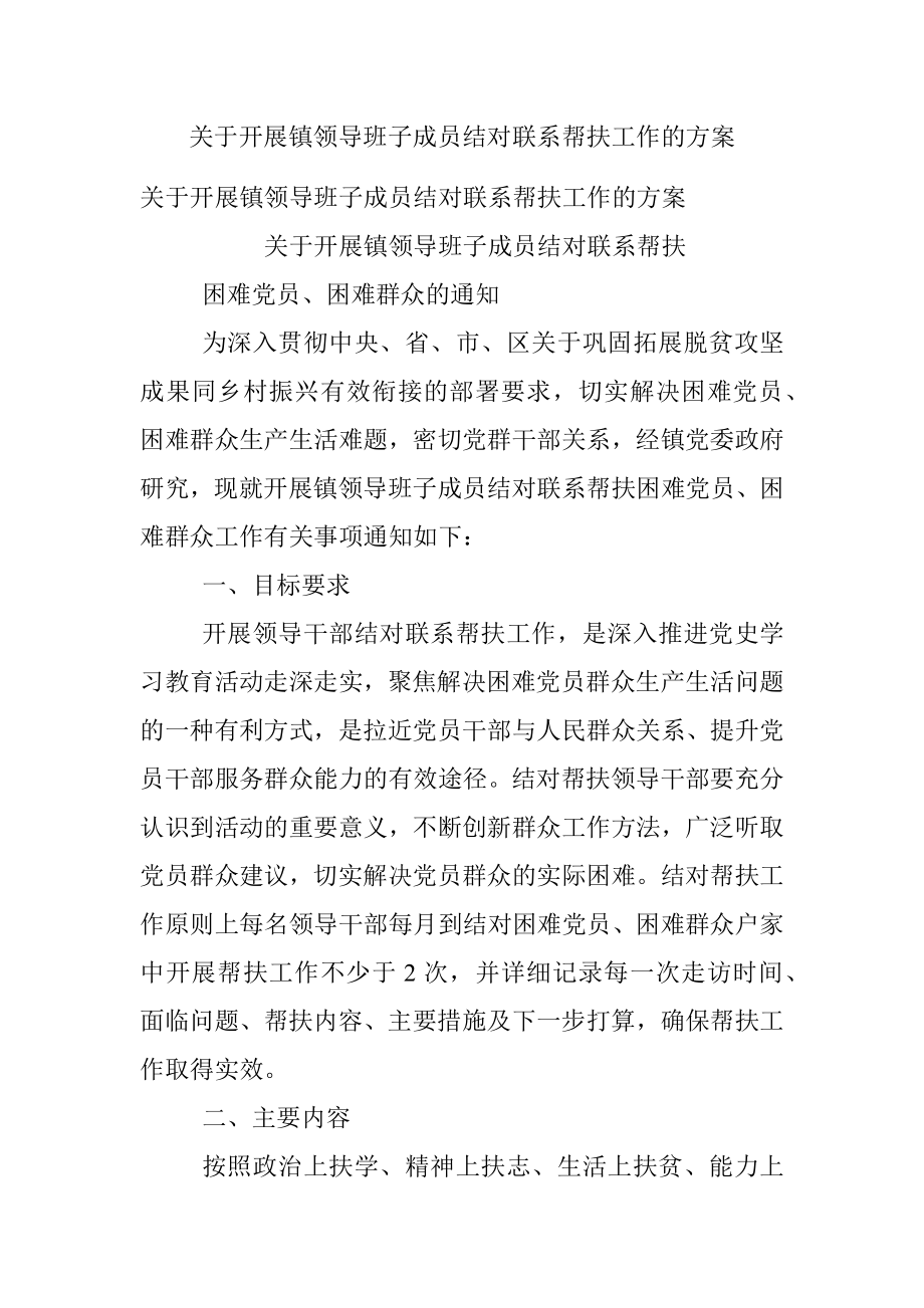 关于开展镇领导班子成员结对联系帮扶工作的方案.docx_第1页