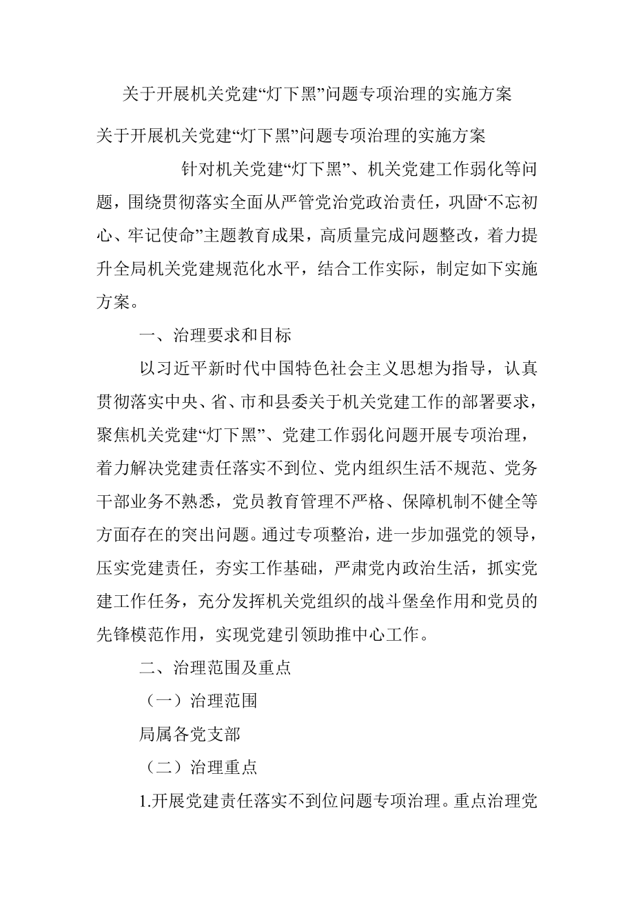 关于开展机关党建“灯下黑”问题专项治理的实施方案.docx_第1页