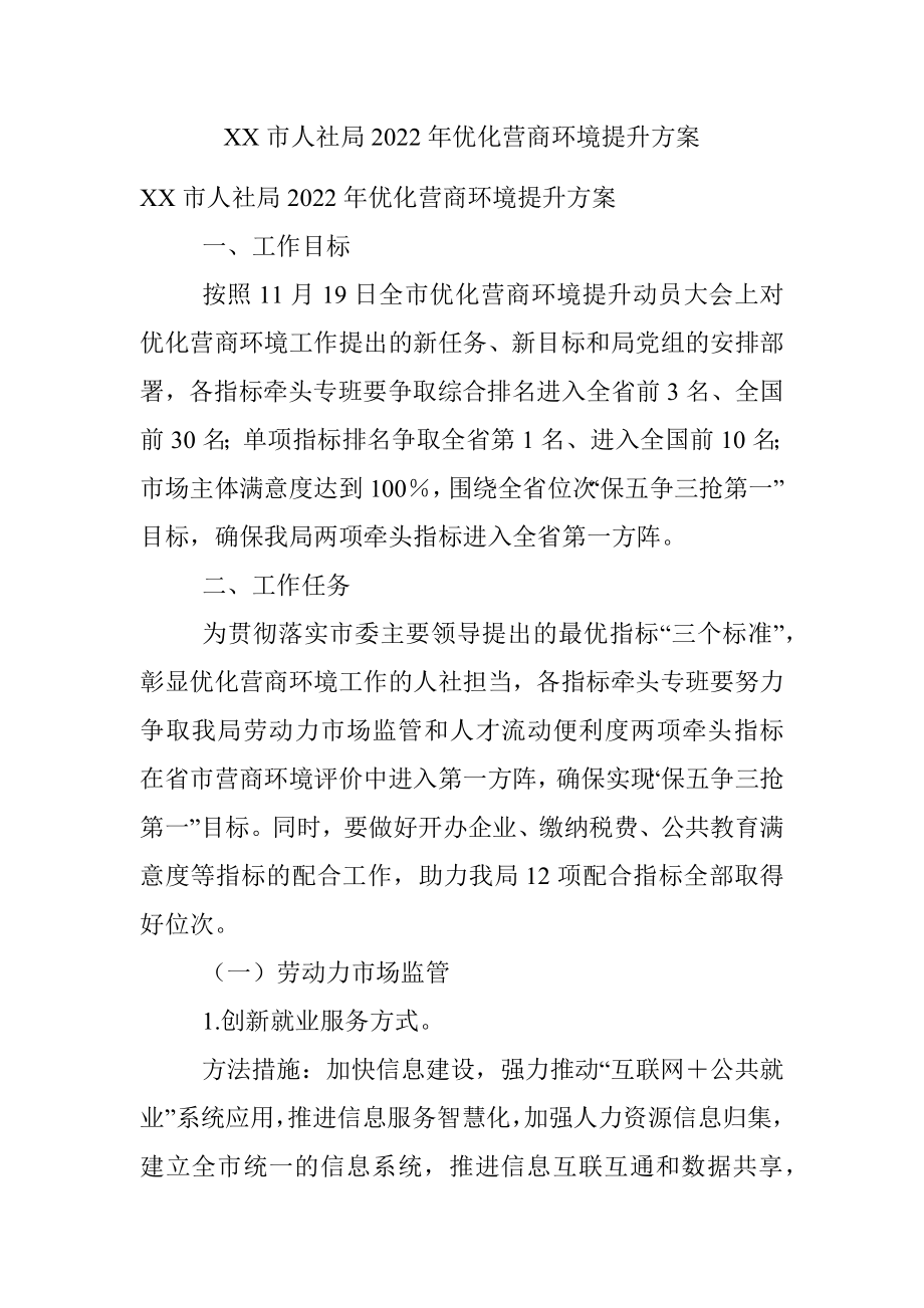 XX市人社局2022年优化营商环境提升方案.docx_第1页