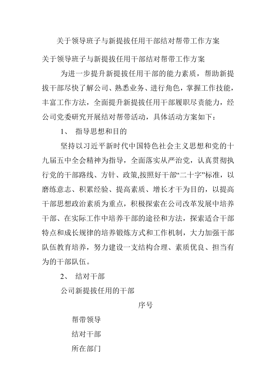 关于领导班子与新提拔任用干部结对帮带工作方案.docx_第1页