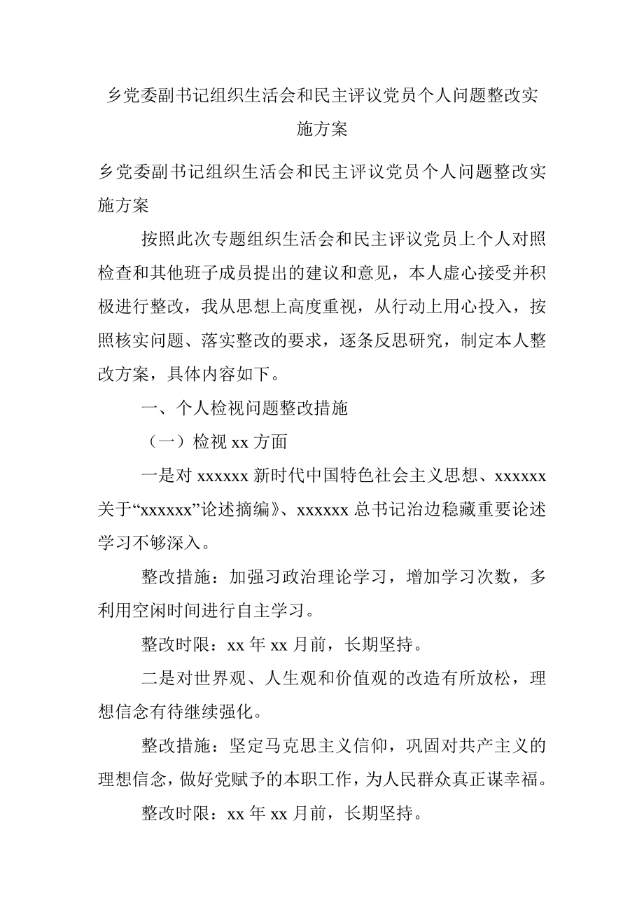 乡党委副书记组织生活会和民主评议党员个人问题整改实施方案.docx_第1页