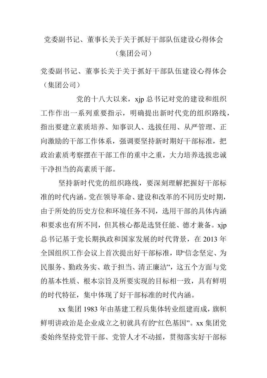 党委副书记、董事长关于关于抓好干部队伍建设心得体会（集团公司）.docx_第1页