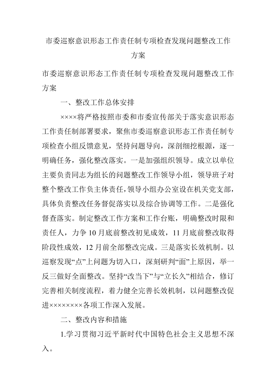 市委巡察意识形态工作责任制专项检查发现问题整改工作方案.docx_第1页