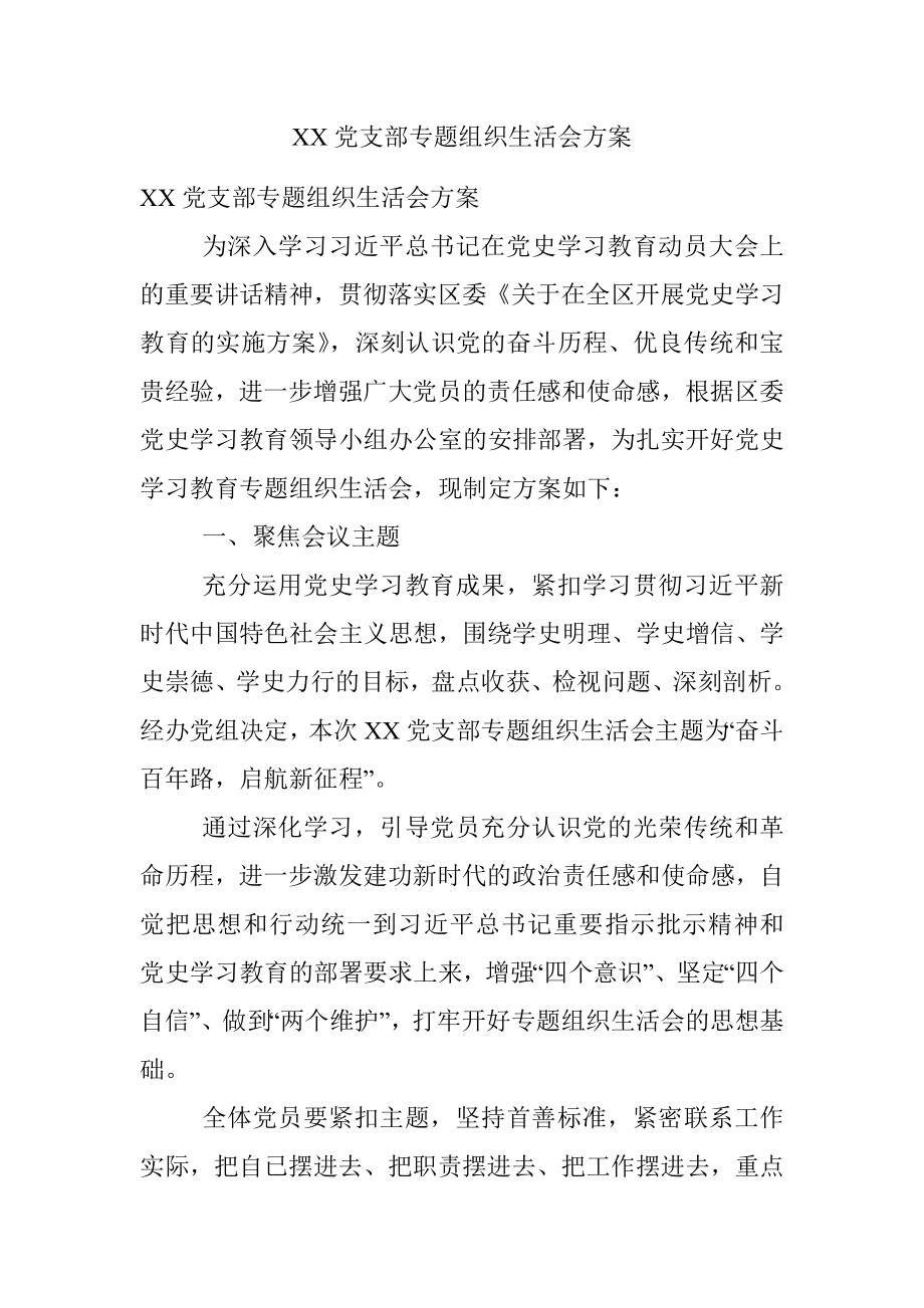 XX党支部专题组织生活会方案.docx_第1页