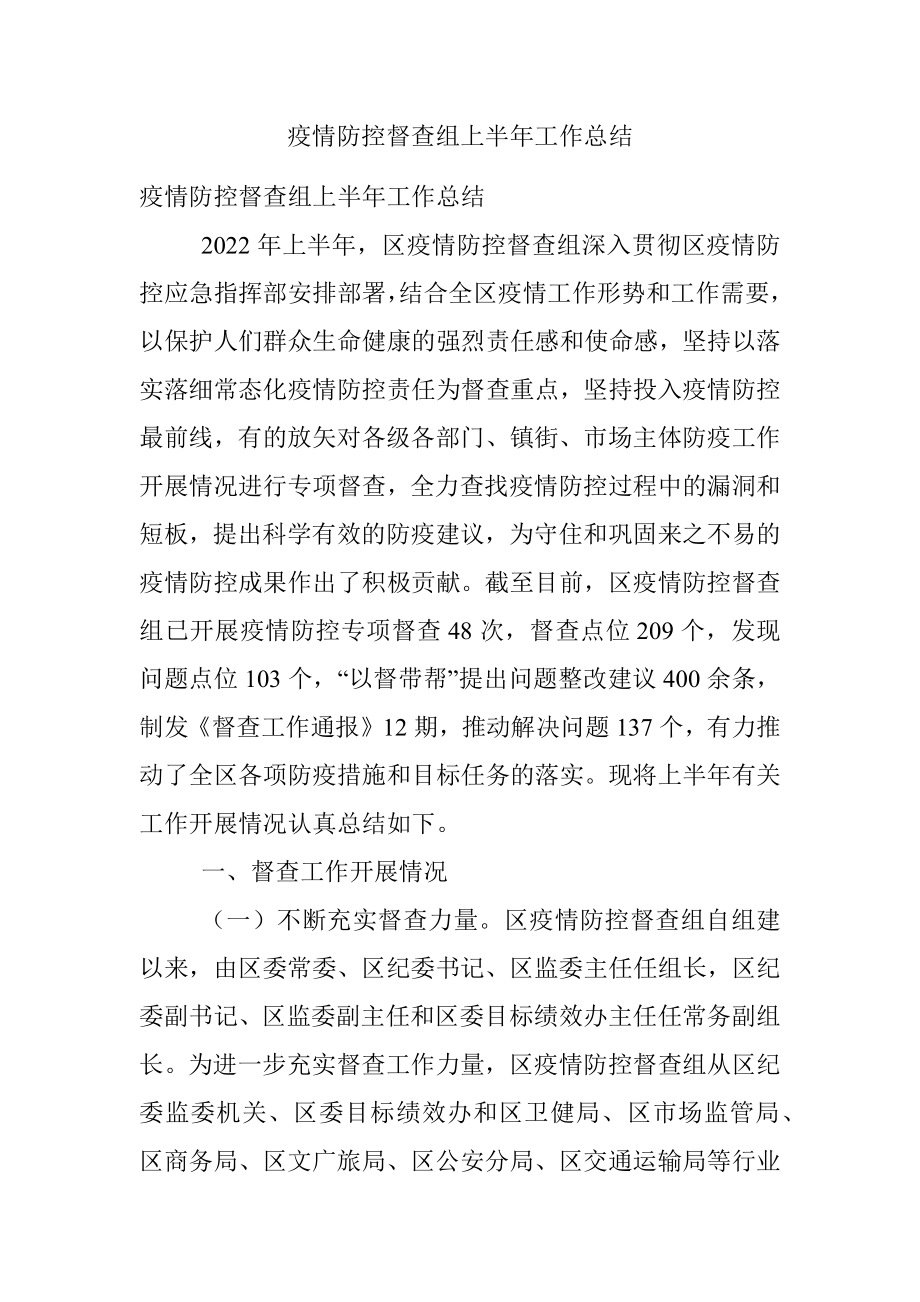 疫情防控督查组上半年工作总结.docx_第1页