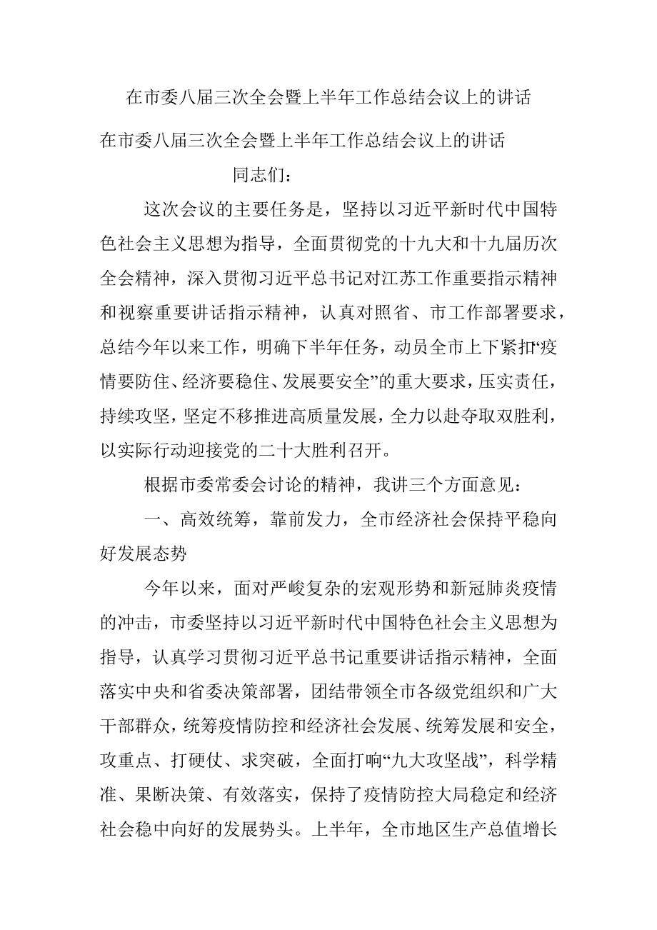 在市委八届三次全会暨上半年工作总结会议上的讲话_1.docx_第1页