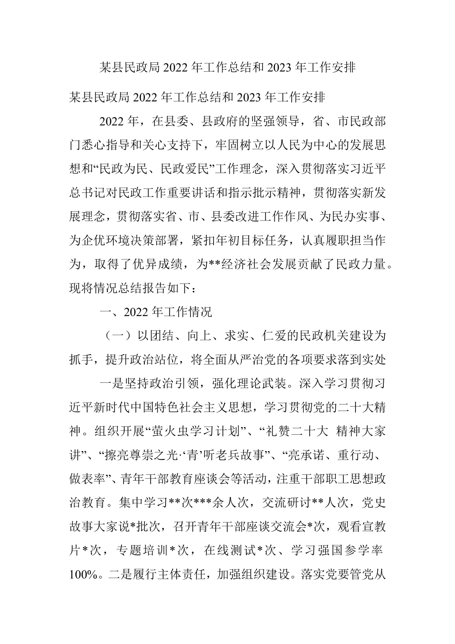 某县民政局2022年工作总结和2023年工作安排.docx_第1页