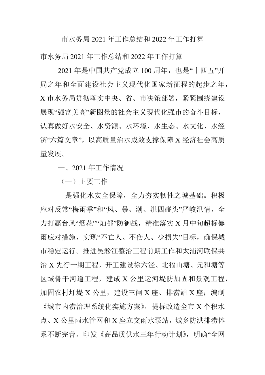 市水务局2021年工作总结和2022年工作打算.docx_第1页