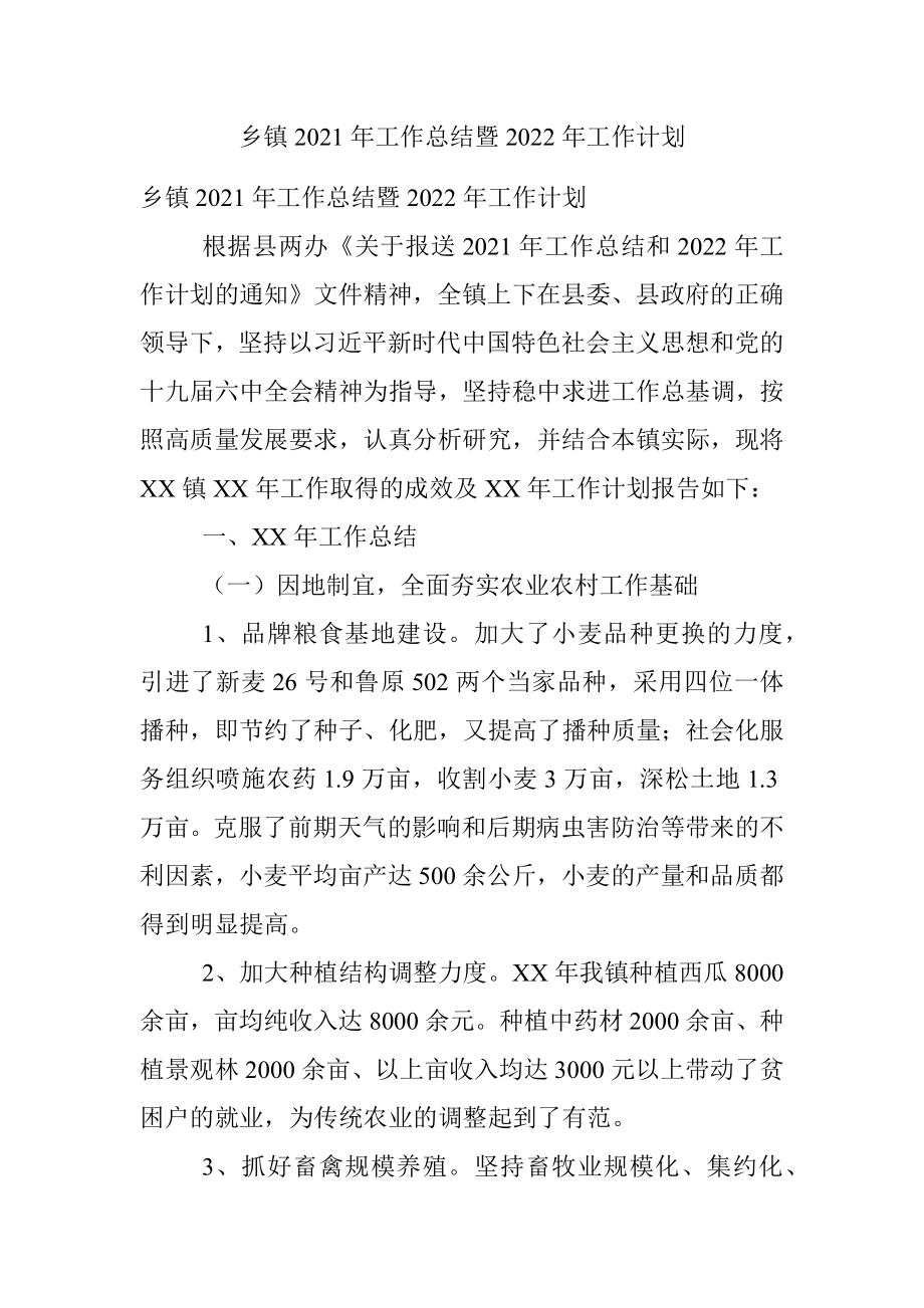 乡镇2021年工作总结暨2022年工作计划.docx_第1页