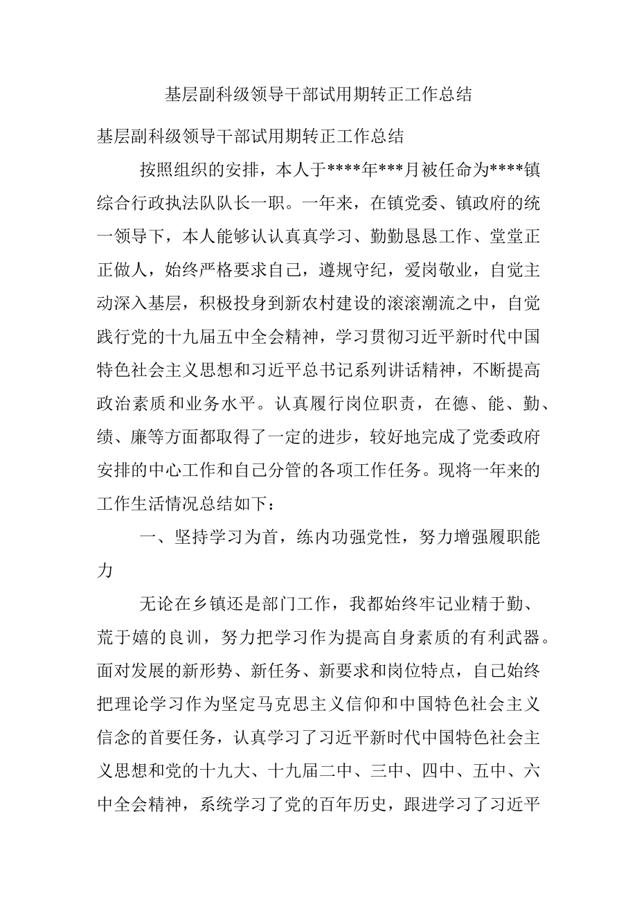 基层副科级领导干部试用期转正工作总结.docx_第1页