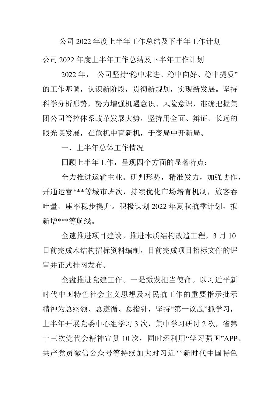 公司2022年度上半年工作总结及下半年工作计划.docx_第1页