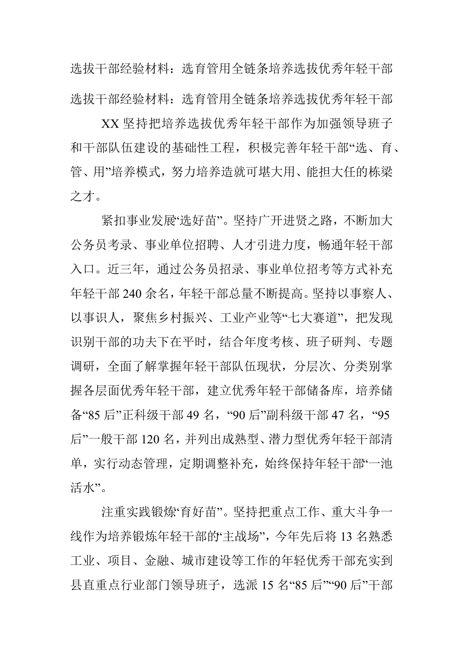 选拔干部经验材料：选育管用全链条培养选拔优秀年轻干部.docx_第1页