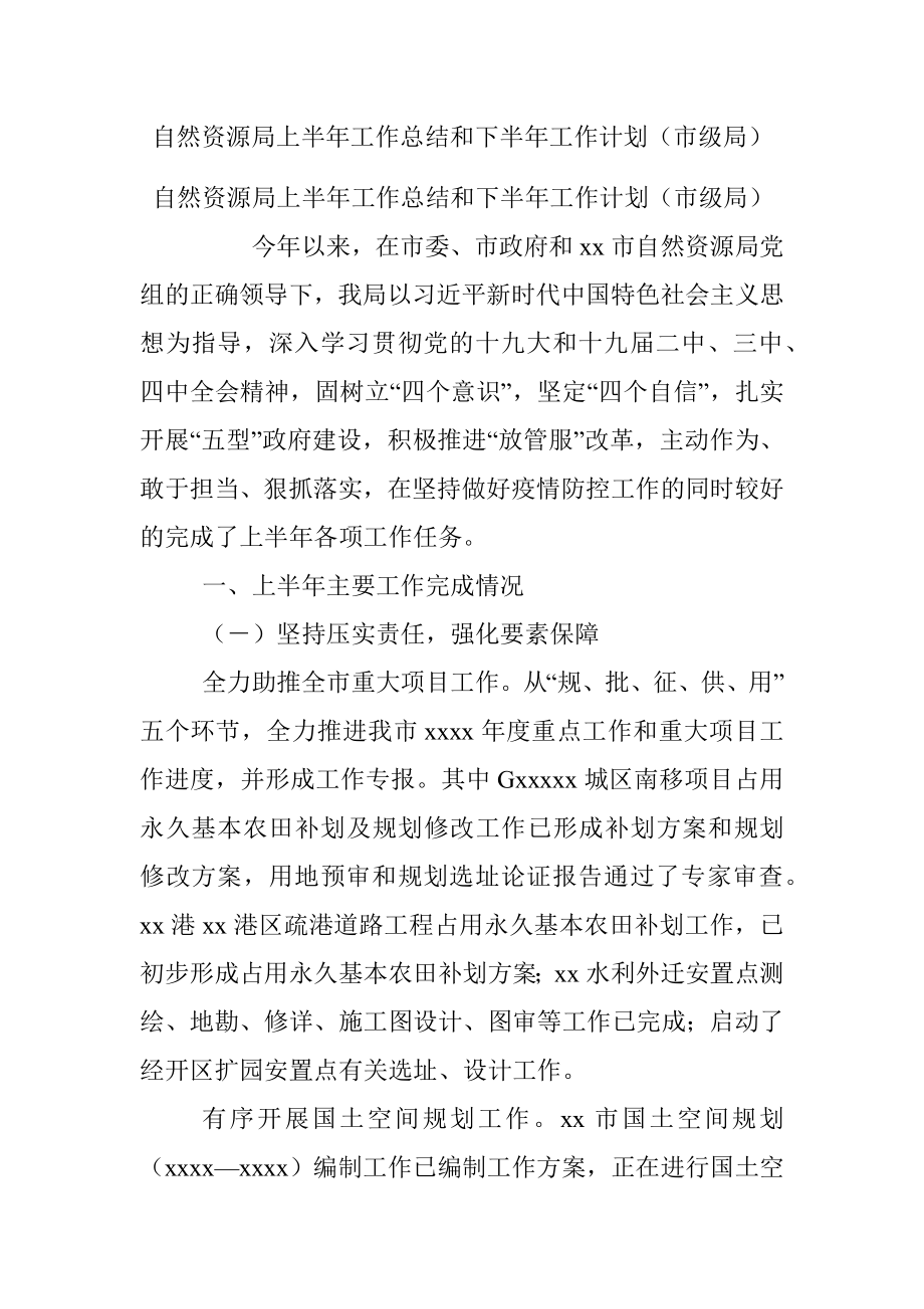 自然资源局上半年工作总结和下半年工作计划（市级局）.docx_第1页