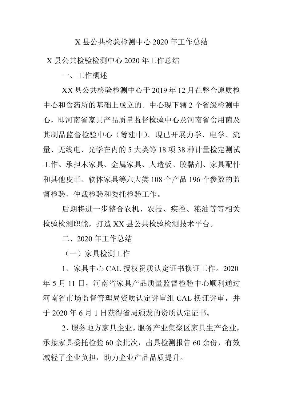 X县公共检验检测中心2020年工作总结.docx_第1页