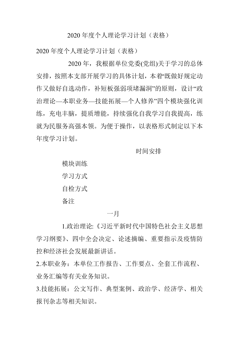 2020年度个人理论学习计划（表格）.docx_第1页