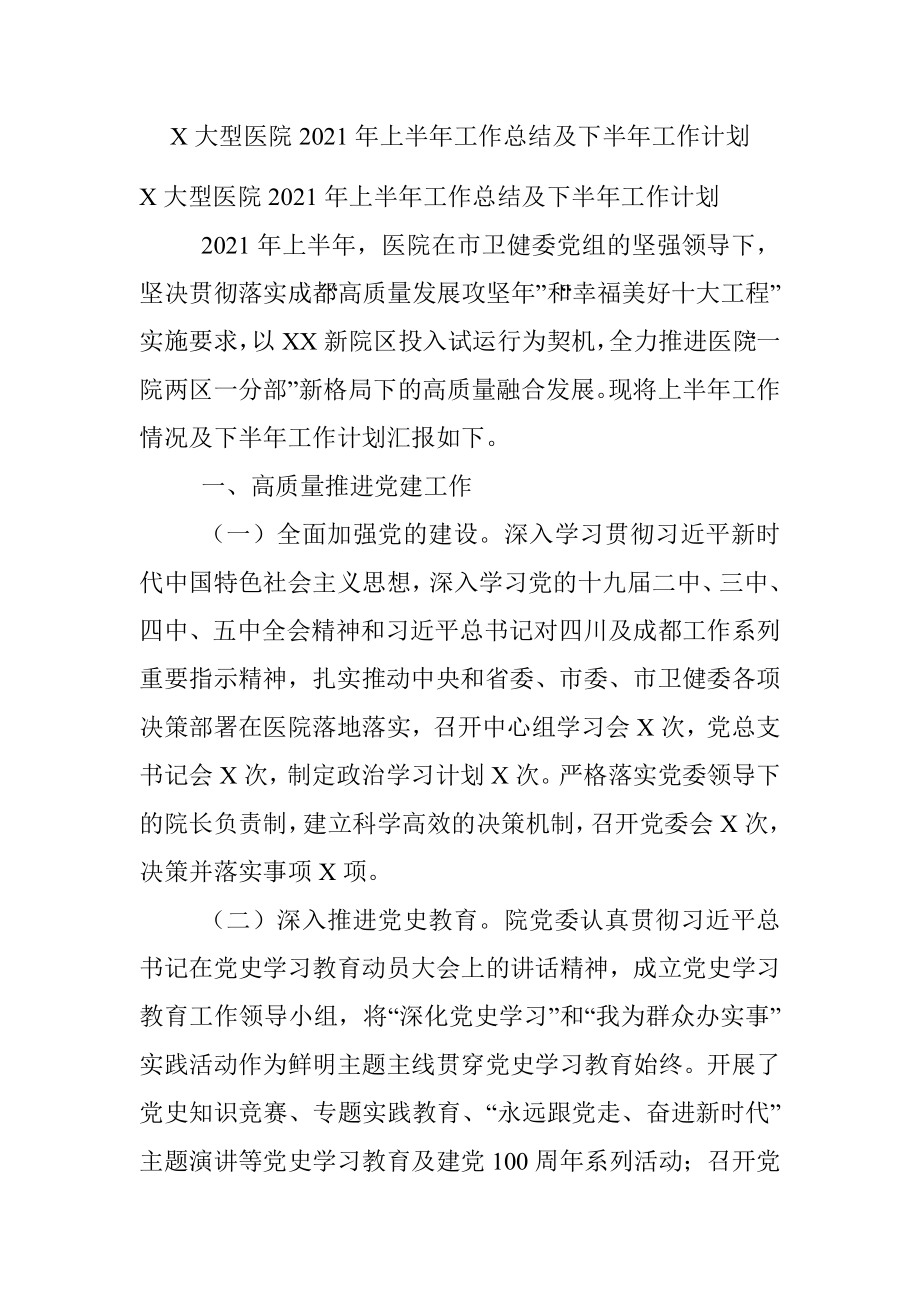 X大型医院2021年上半年工作总结及下半年工作计划.docx_第1页