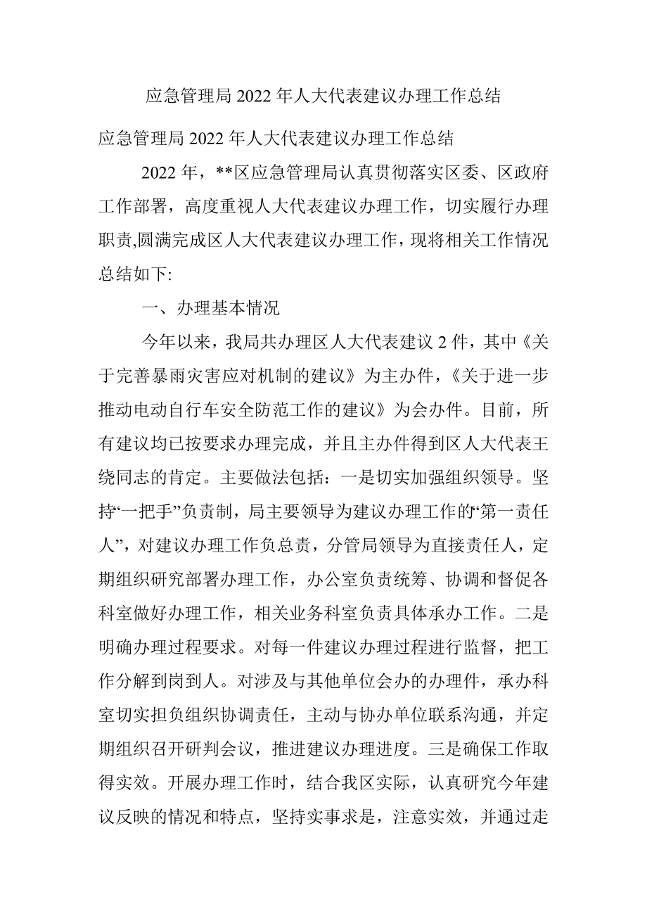 应急管理局2022年人大代表建议办理工作总结.docx_第1页