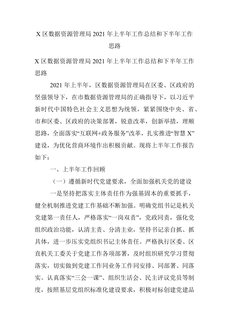 X区数据资源管理局2021年上半年工作总结和下半年工作思路.docx_第1页