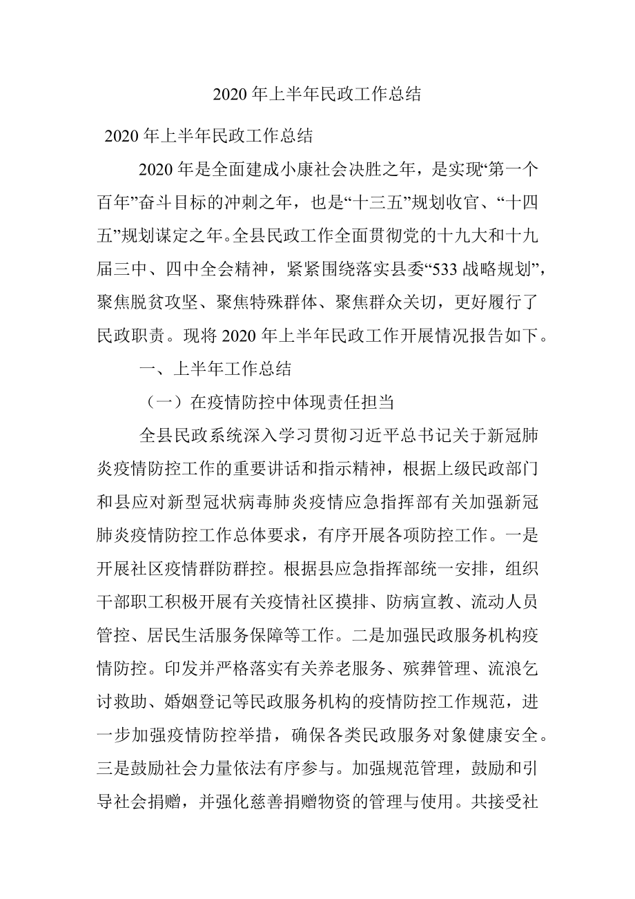 2020年上半年民政工作总结.docx_第1页