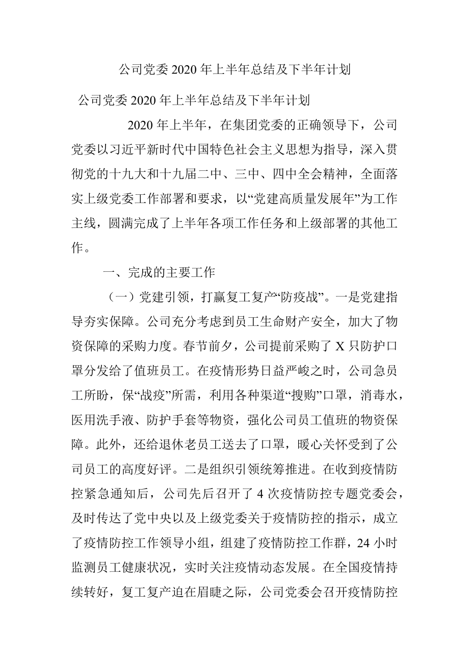 公司党委2020年上半年总结及下半年计划.docx_第1页