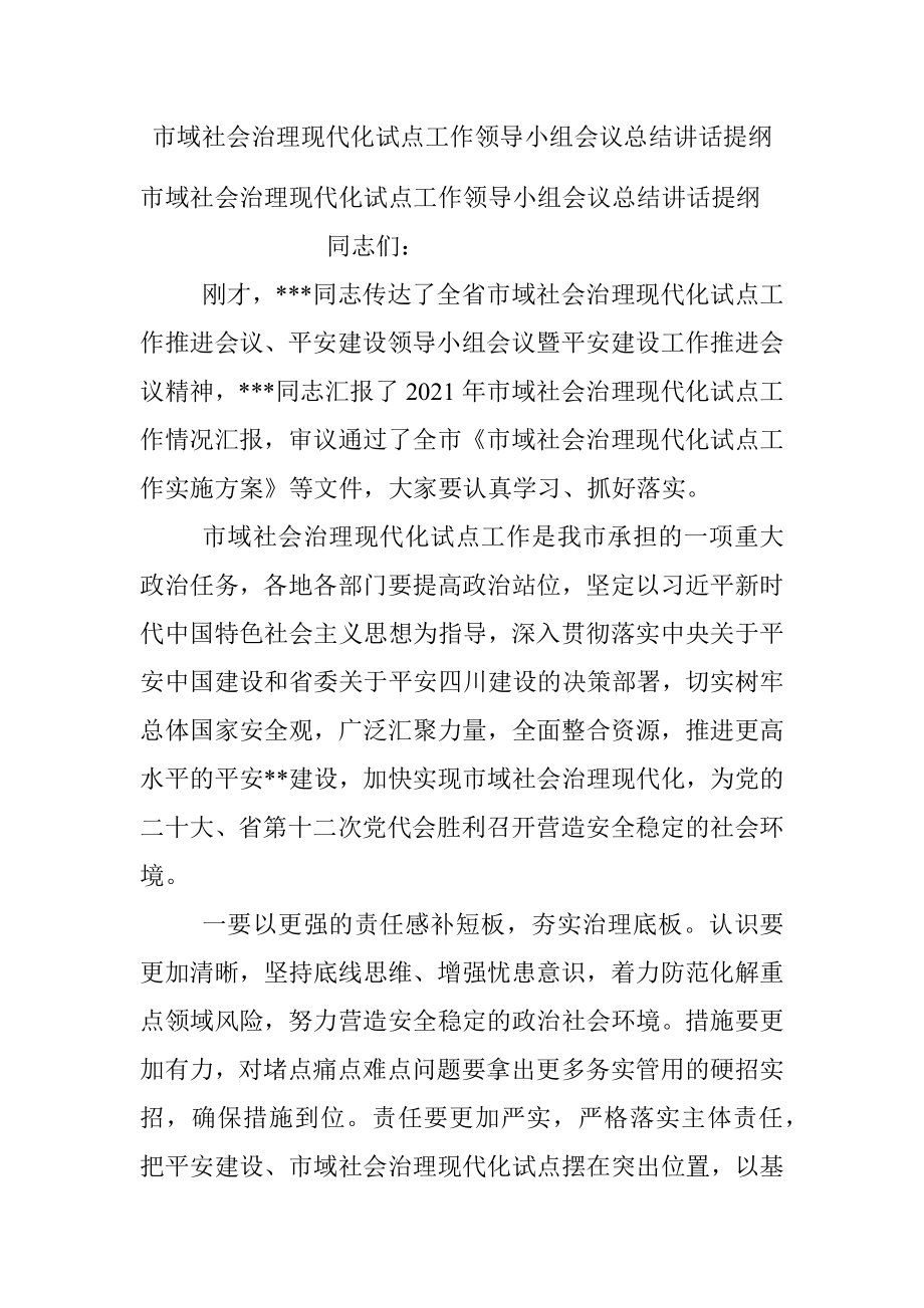 市域社会治理现代化试点工作领导小组会议总结讲话提纲.docx_第1页