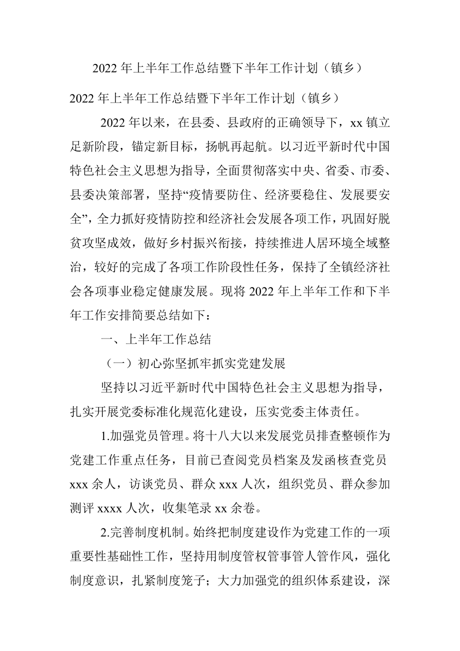 2022年上半年工作总结暨下半年工作计划（镇乡）.docx_第1页