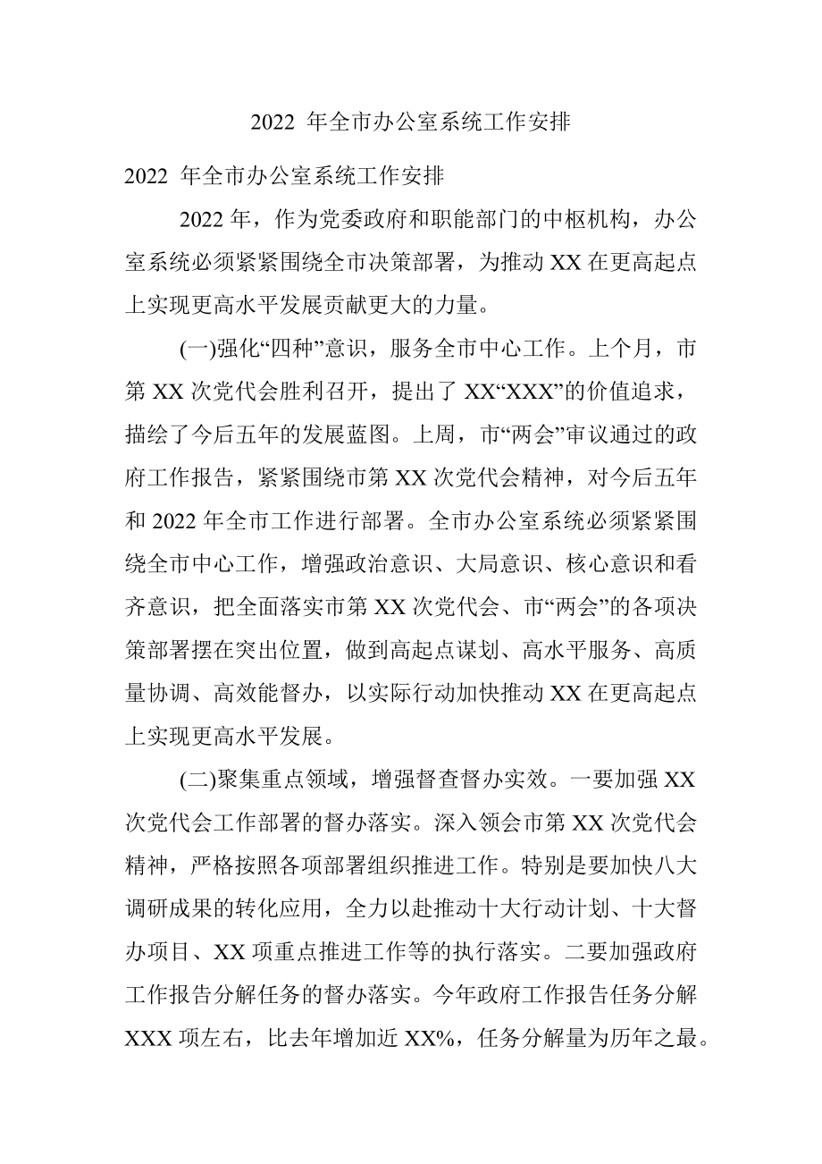 2022 年全市办公室系统工作安排.docx_第1页