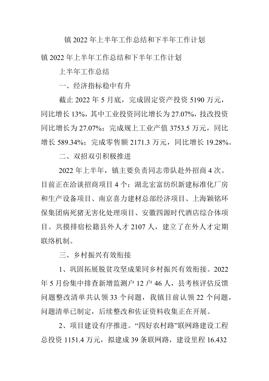 镇2022年上半年工作总结和下半年工作计划_3.docx_第1页