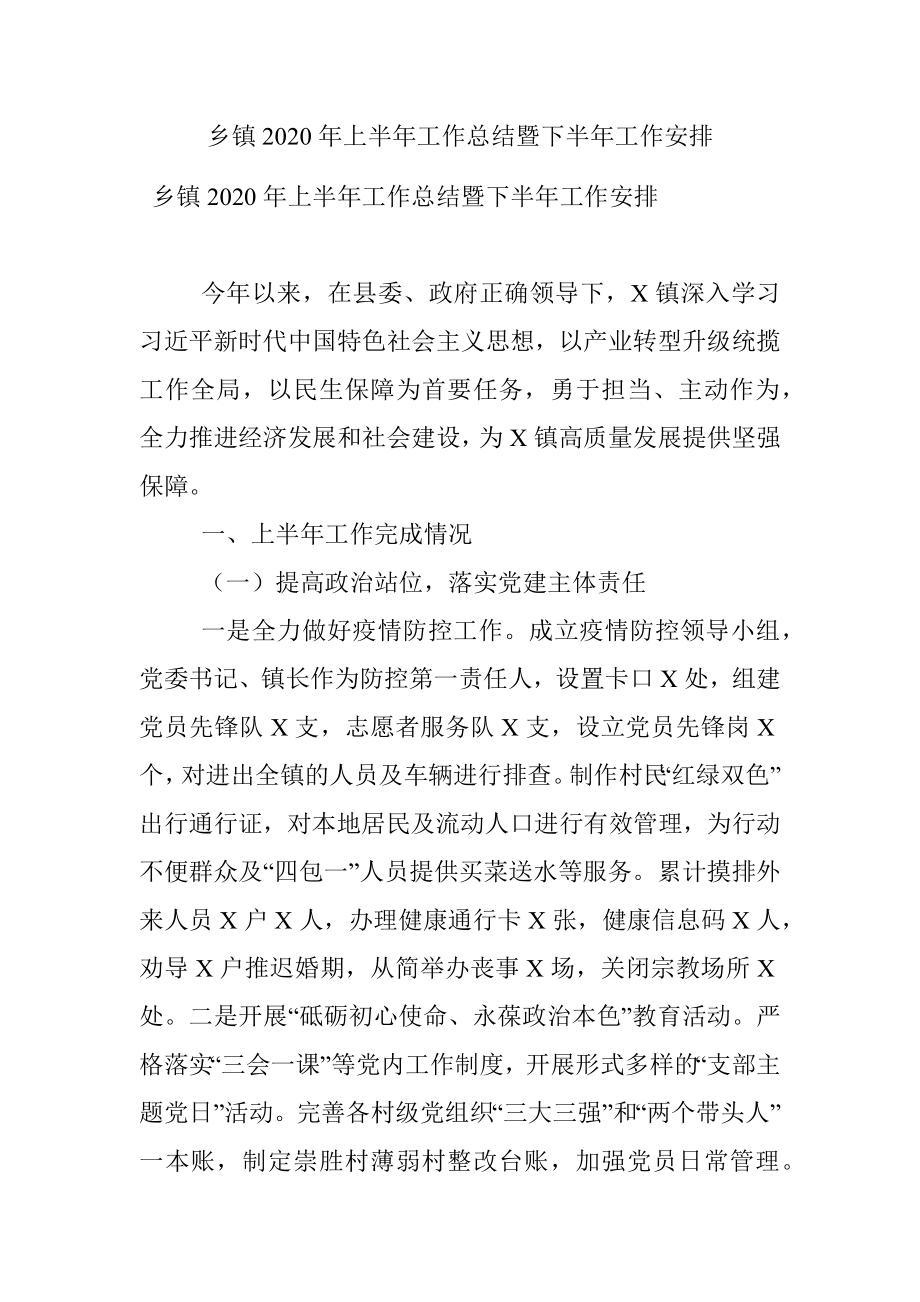 乡镇2020年上半年工作总结暨下半年工作安排.docx_第1页