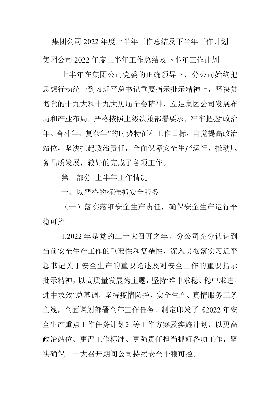 集团公司2022年度上半年工作总结及下半年工作计划.docx_第1页