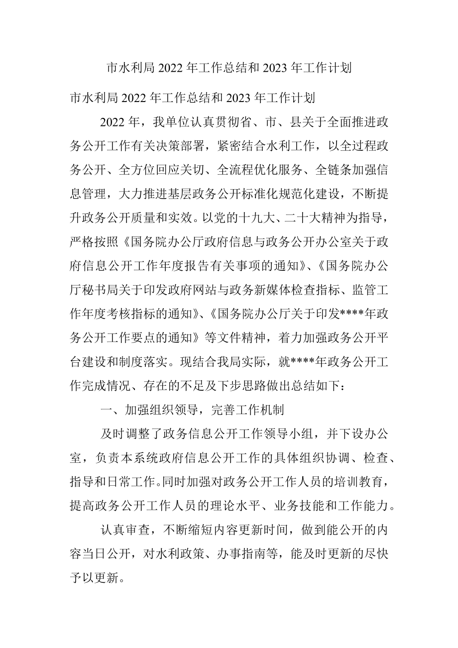 市水利局2022年工作总结和2023年工作计划.docx_第1页