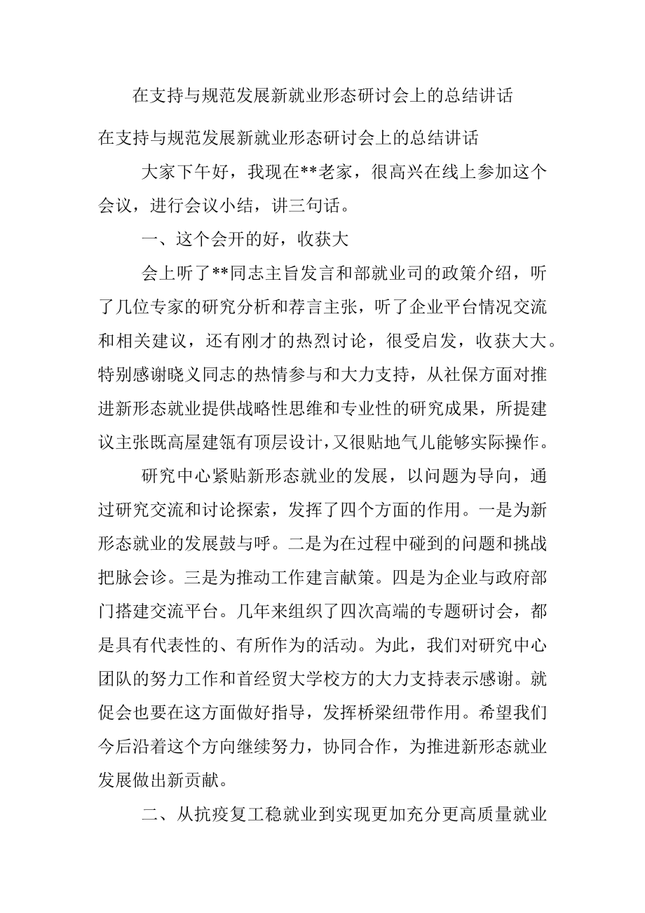 在支持与规范发展新就业形态研讨会上的总结讲话.docx_第1页