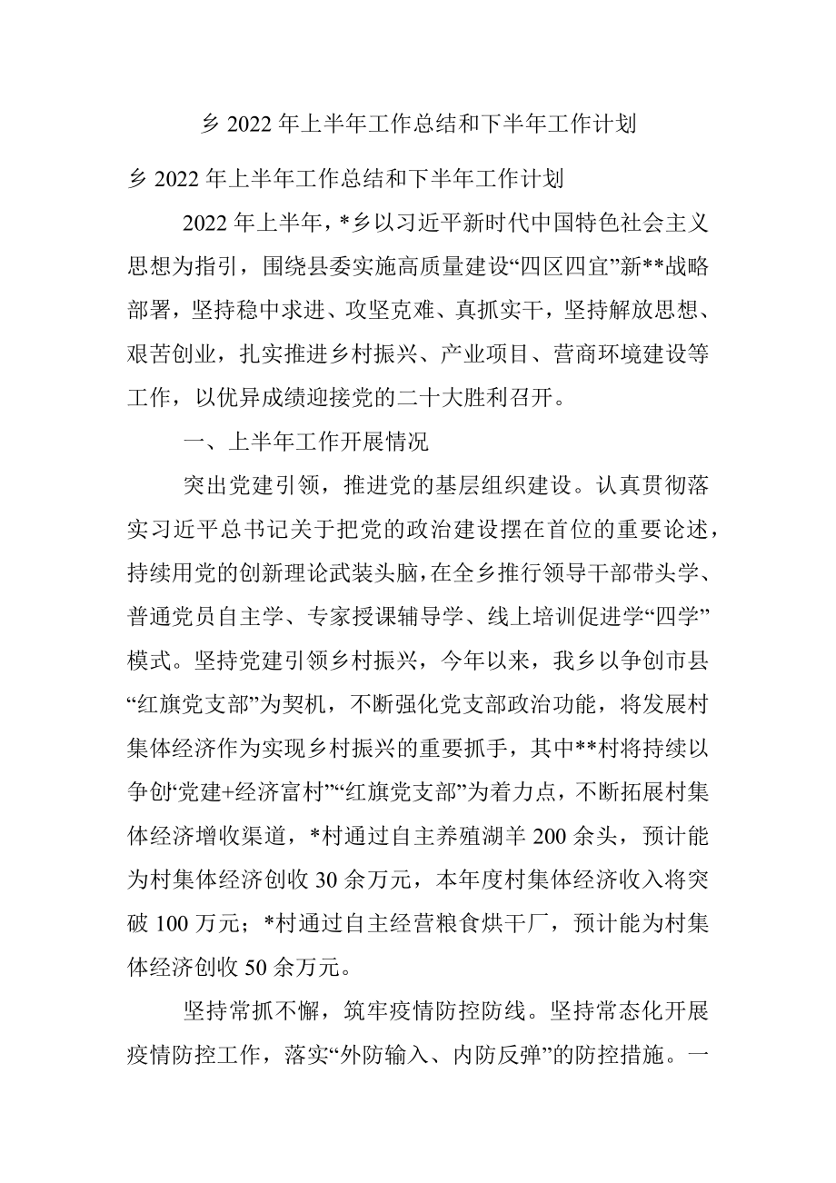 乡2022年上半年工作总结和下半年工作计划_1.docx_第1页