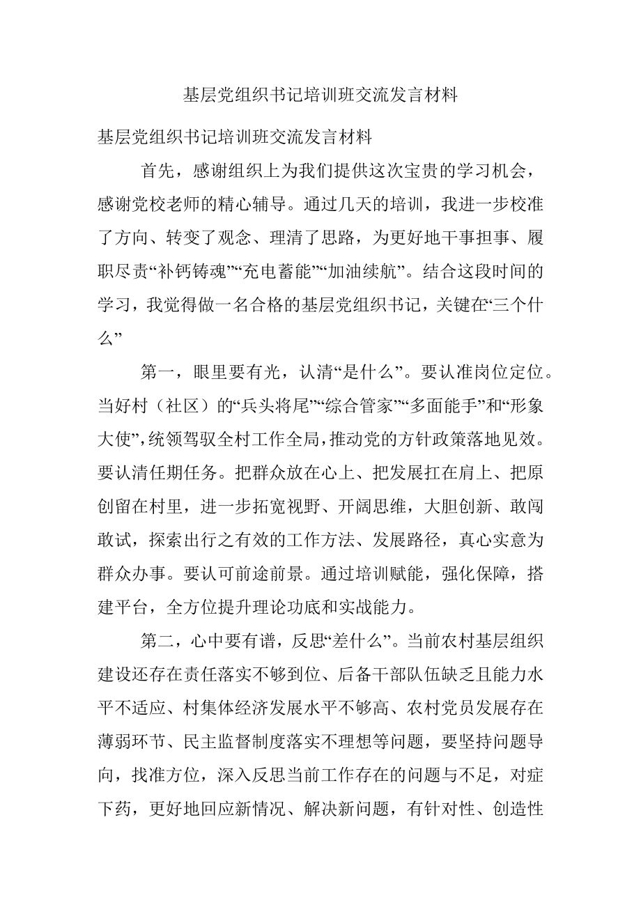 基层党组织书记培训班交流发言材料.docx_第1页