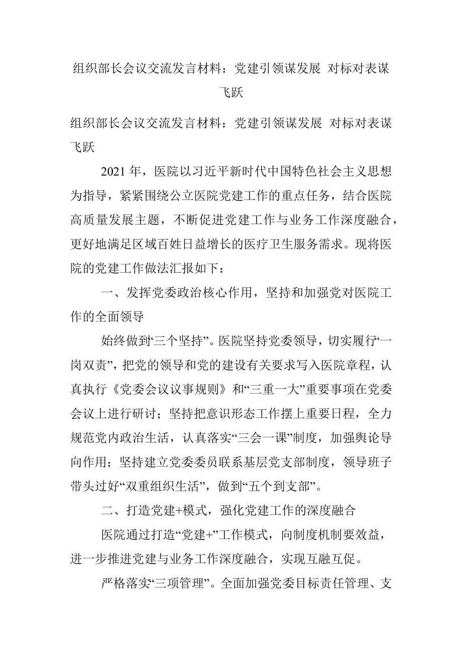 组织部长会议交流发言材料：党建引领谋发展 对标对表谋飞跃.docx_第1页