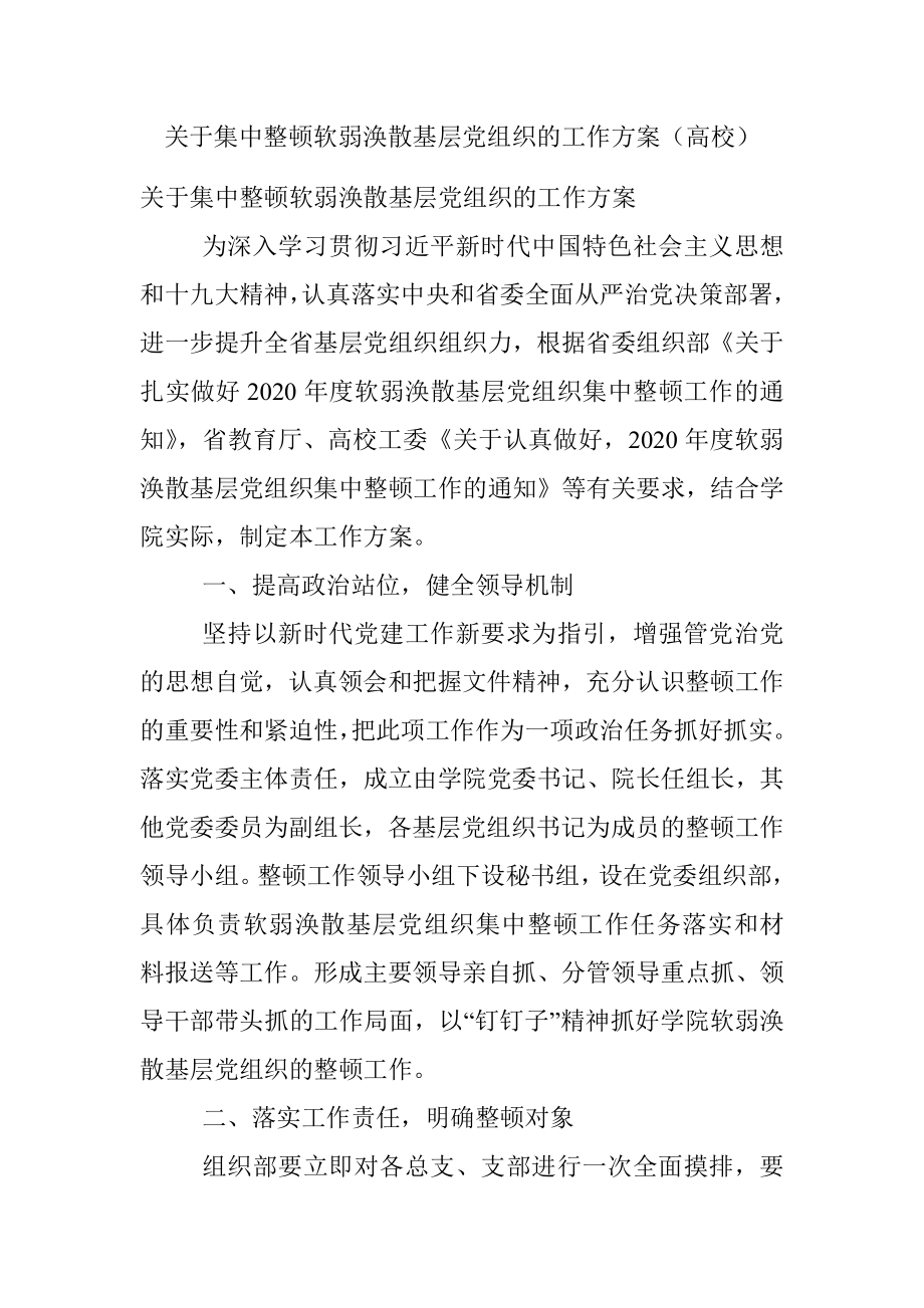 关于集中整顿软弱涣散基层党组织的工作方案（高校）.docx_第1页