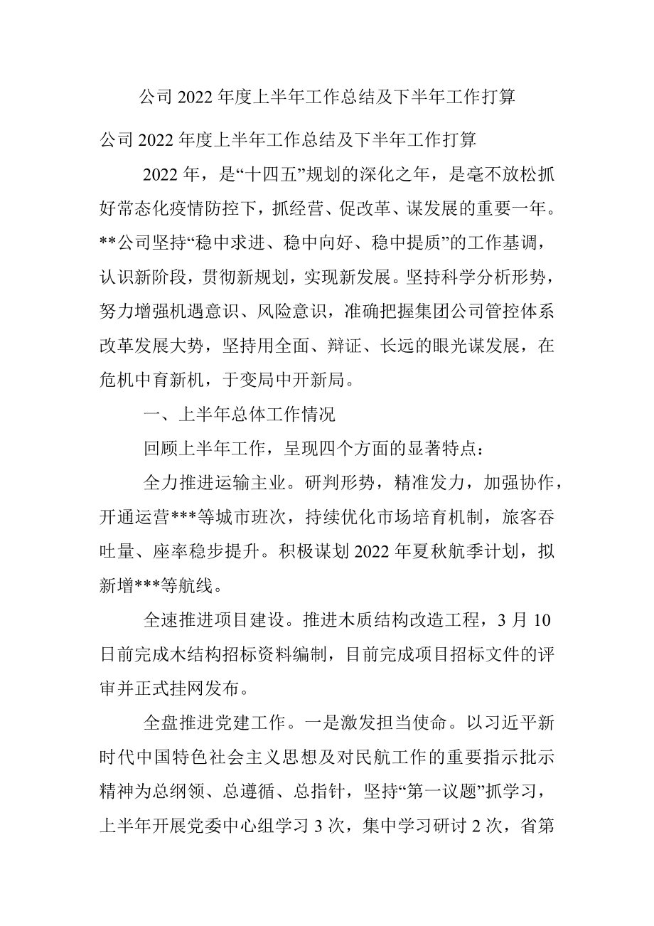 公司2022年度上半年工作总结及下半年工作打算.docx_第1页