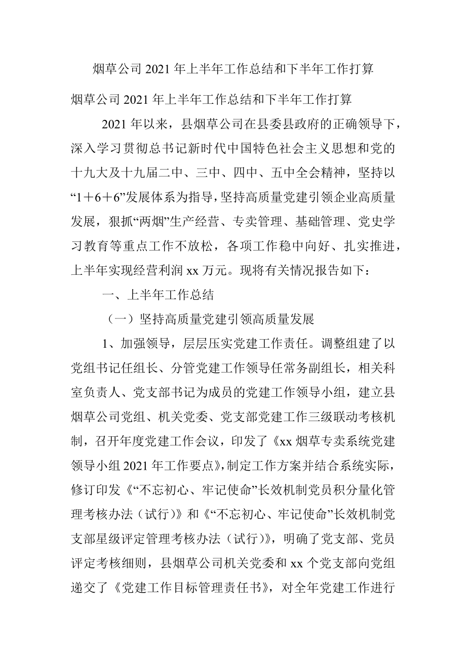 烟草公司2021年上半年工作总结和下半年工作打算.docx_第1页