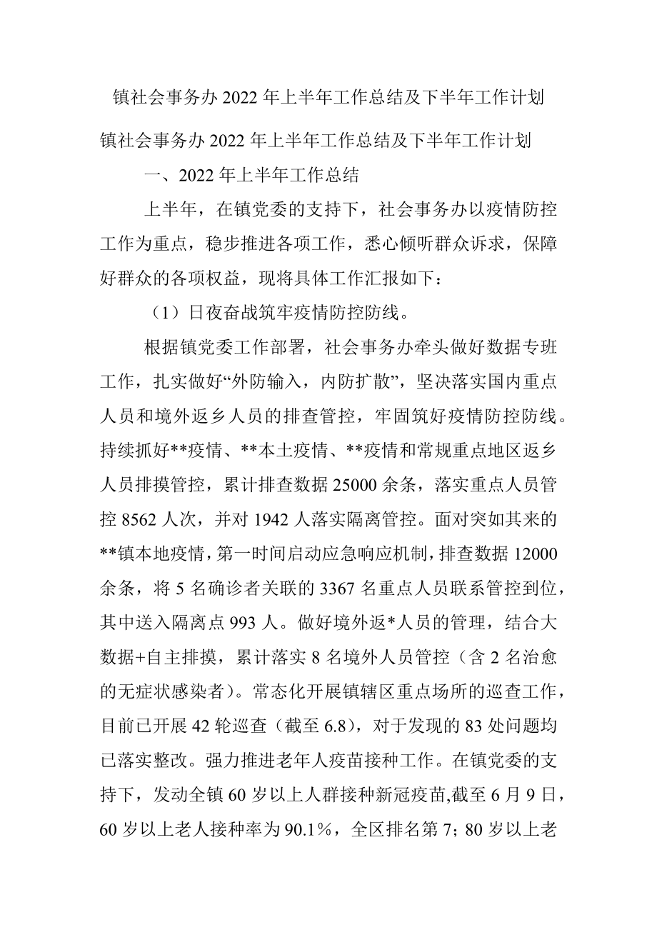 镇社会事务办2022年上半年工作总结及下半年工作计划.docx_第1页