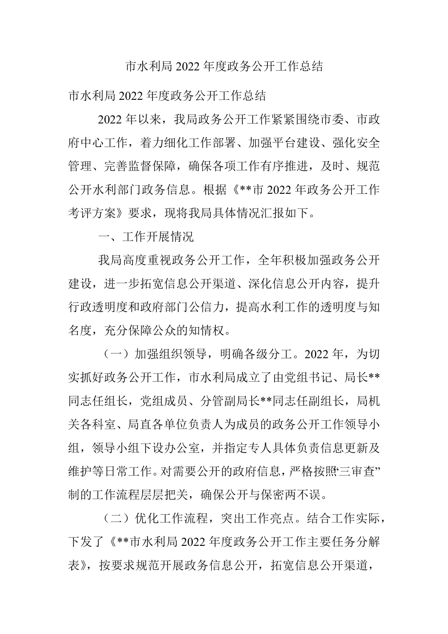 市水利局2022年度政务公开工作总结.docx_第1页