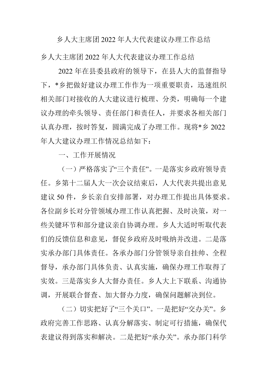 乡人大主席团2022年人大代表建议办理工作总结.docx_第1页