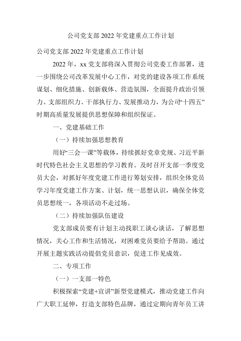 公司党支部2022年党建重点工作计划.docx_第1页