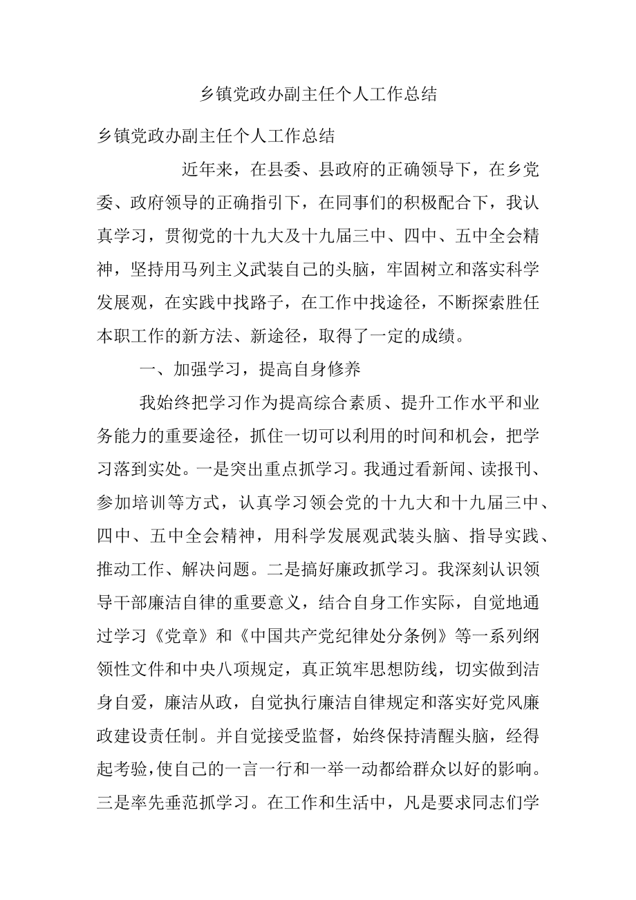 乡镇党政办副主任个人工作总结.docx_第1页